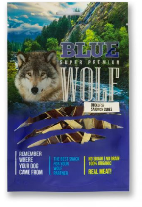 BLUE WOLF חטיף פרימיום לכלב – קוביות סנדוויץ ברווז ודגים מובחרים 80 גרם מבצע 10 ב-100 ש