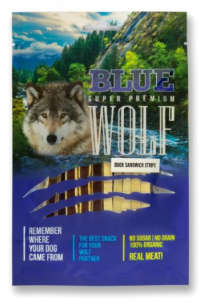 BLUE WOLF חטיף פרימיום לכלב – רצועות סנדוויץ ברווז ודג בקלה 80 גרם ,מבצע 10 ב-100 ש