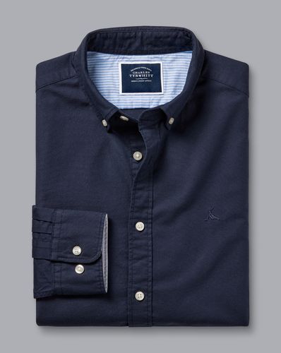 חולצת אוקספורד גזרת אקסטרה סלים - Navy blue plain extra slim fit button-down washed Oxford shirt
