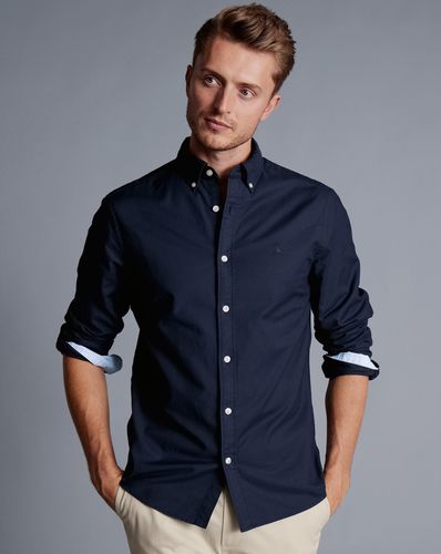 חולצת אוקספורד גזרת אקסטרה סלים - Navy blue plain extra slim fit button-down washed Oxford shirt