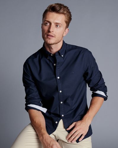 חולצת אוקספורד גזרת אקסטרה סלים - Navy blue plain extra slim fit button-down washed Oxford shirt