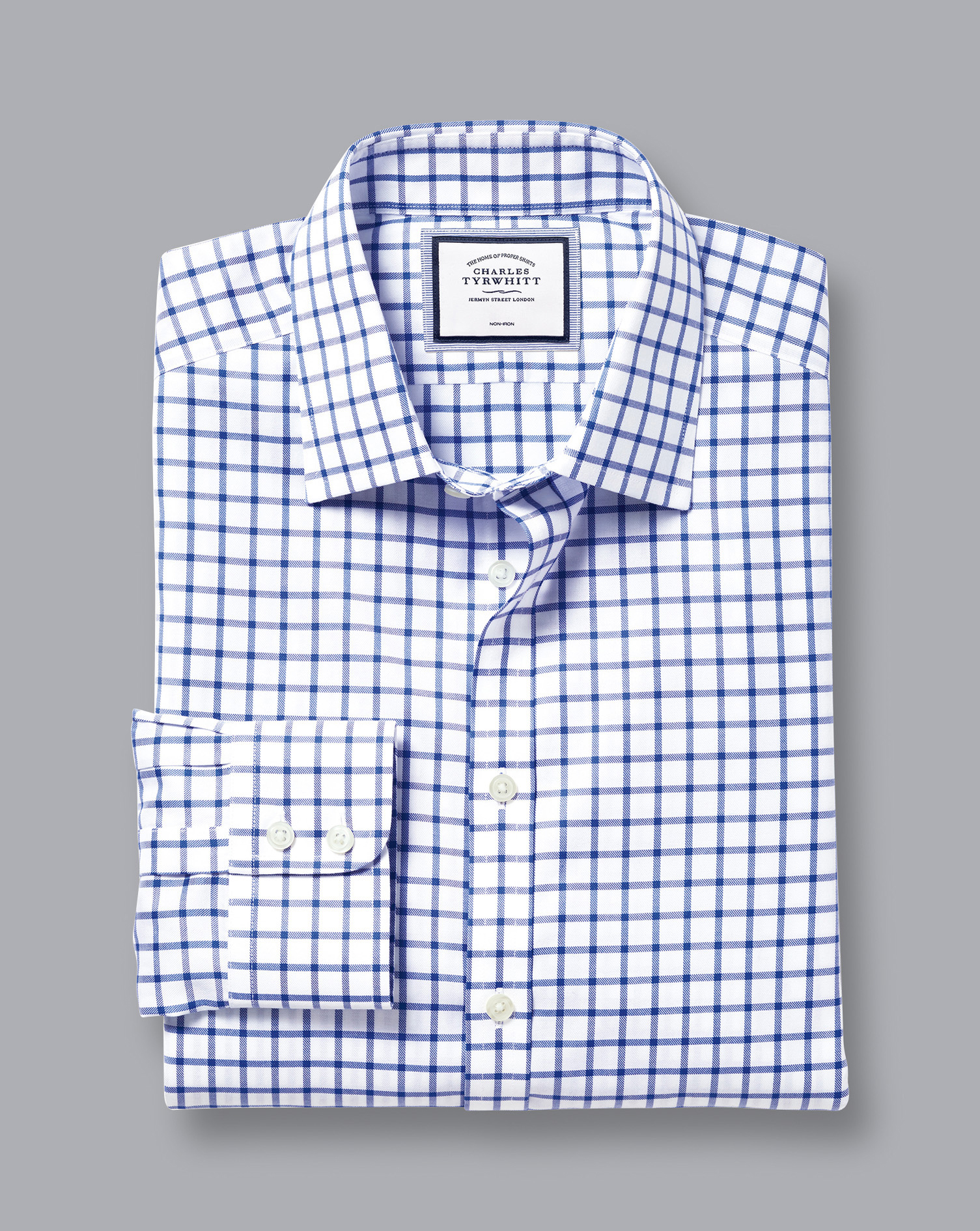 חולצה כחולה משבצת גזרת קלאסיק  -Cobalt blue non-iron twill grid check classic fit shirt