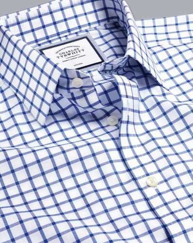 חולצה כחולה משבצת גזרת סלים -Cobalt blue non-iron twill grid check slim fit shirt