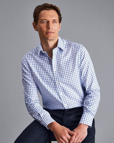 חולצה כחולה משבצת גזרת סלים -Cobalt blue non-iron twill grid check slim fit shirt
