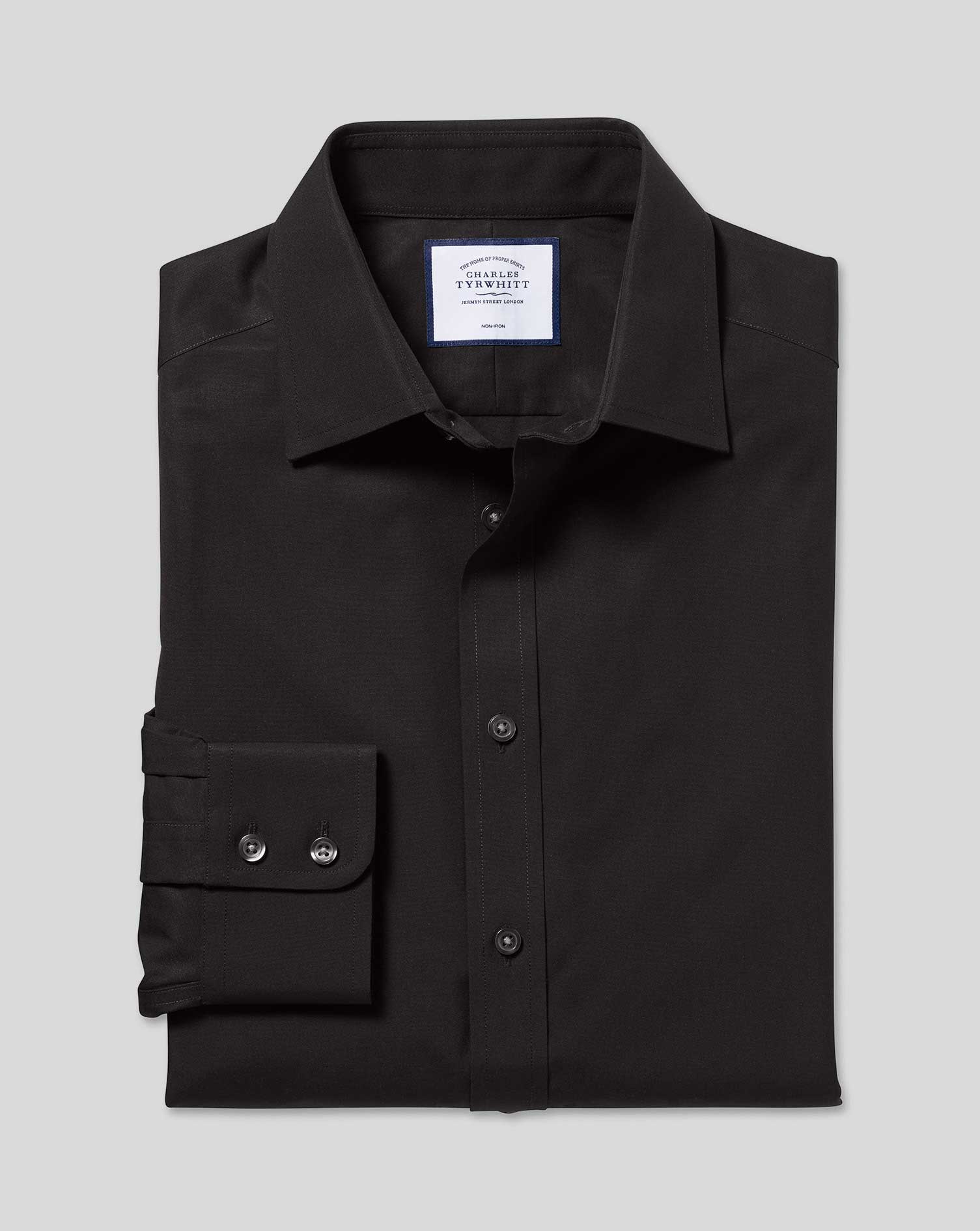 חולצה שחורה גזרת סלים  - Black non-iron poplin slim fit shirt