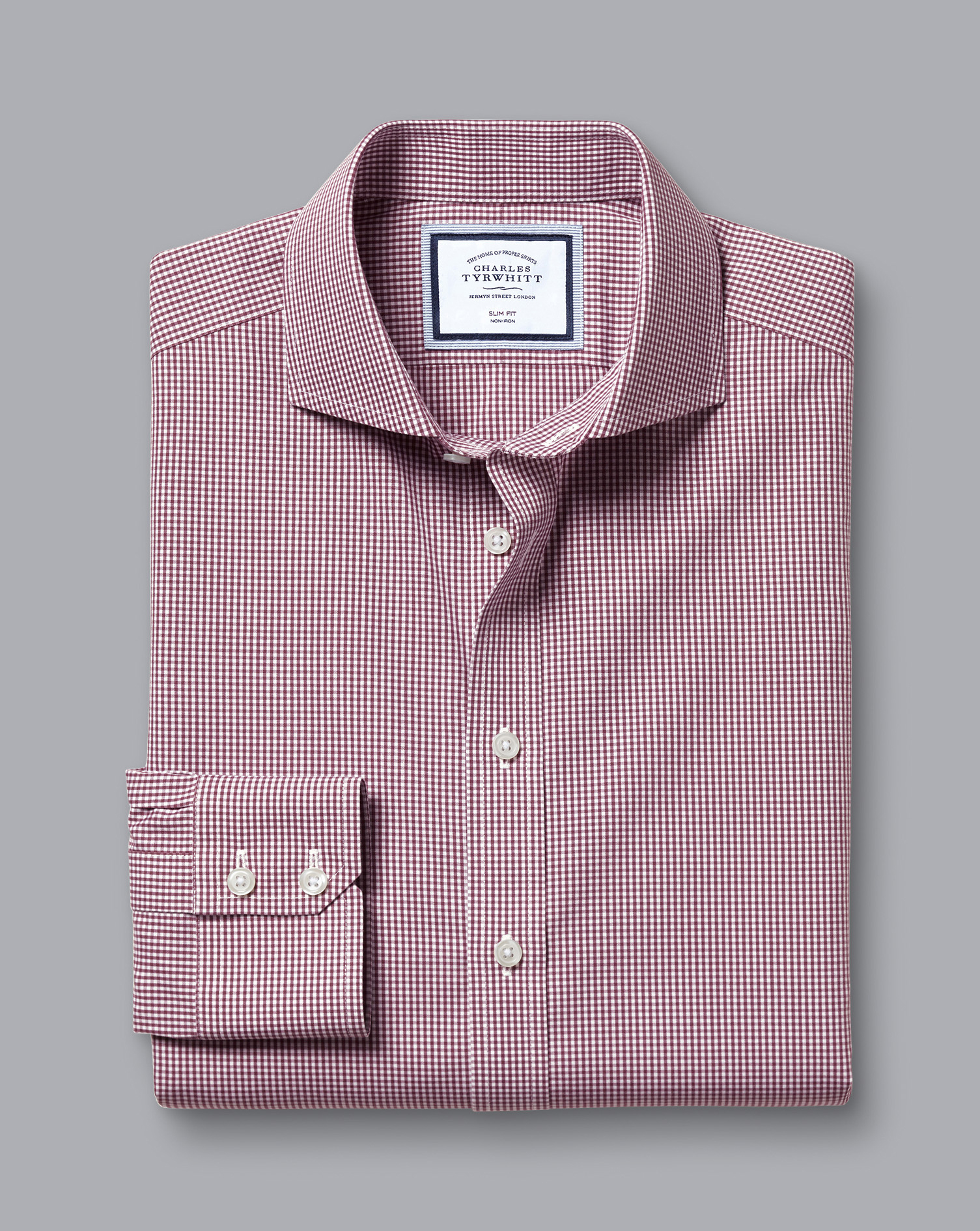 חולצה גזרת קלאסיק  - Claret pink non-iron mini gingham cutaway classic fit shirt