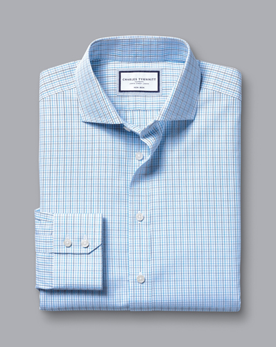 חולצה כחולה גזרת קלאסיק  -Ocean blue non-iron fine line check cutaway classic fit shirt