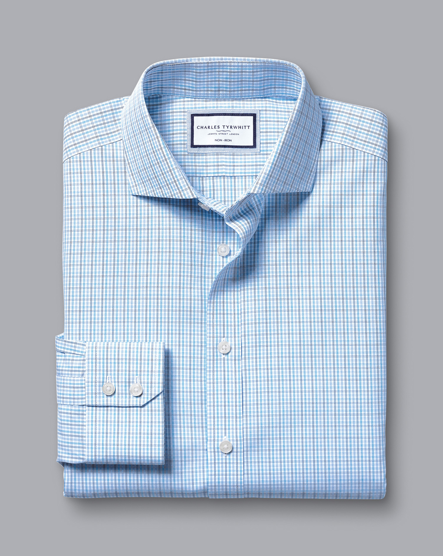 חולצה כחולה גזרת קלאסיק  -Ocean blue non-iron fine line check cutaway classic fit shirt