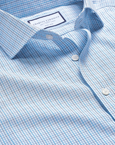 חולצה כחולה גזרת קלאסיק  -Ocean blue non-iron fine line check cutaway classic fit shirt