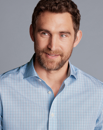 חולצה כחולה גזרת קלאסיק  -Ocean blue non-iron fine line check cutaway classic fit shirt