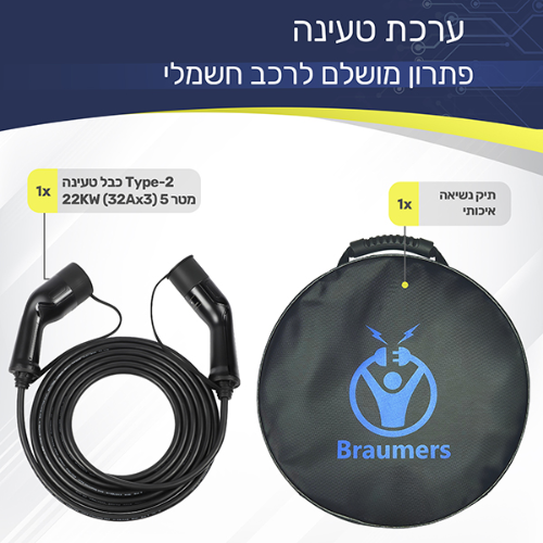 כבל טעינה לרכב חשמלי תלת פאזי BRAUMERS Cable 32A / 22Kw Type2 to Type2 5M TPE