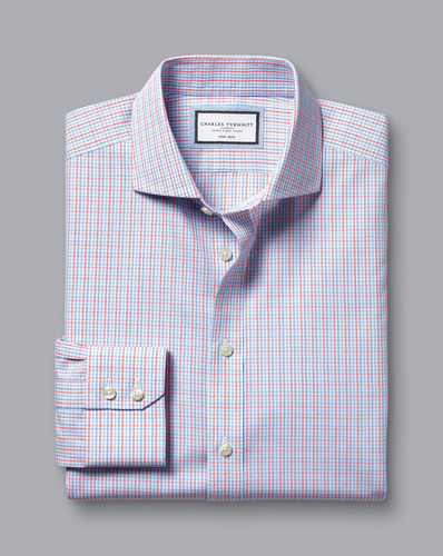 חולצה אדומה משבצת גזרת קלאסיק  -Red non-iron fine line check cutaway classic fit shirt