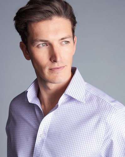 חולצה גזרת סלים  -Lilac purple two colour check non-iron slim fit shirt