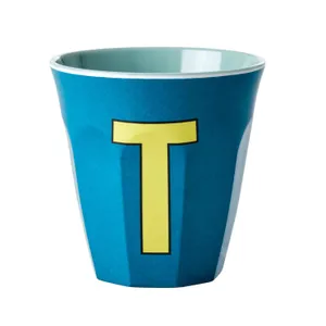 כוס מלמין אות T צהוב רקע טורקיז RICE