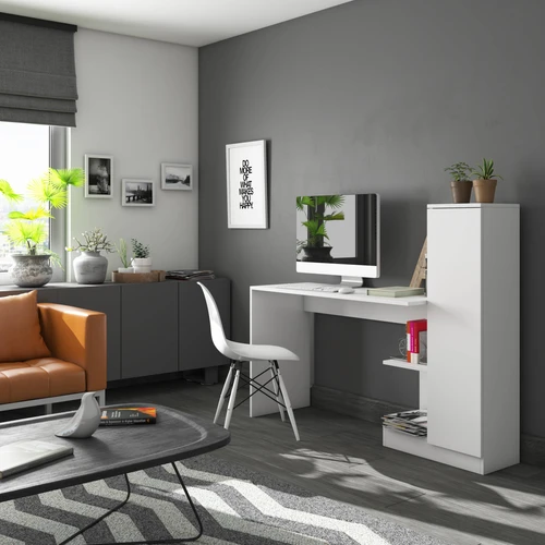 שולחן כתיבה עם ארונית צד ומדפים לבן שלג Tudo Design דגם בריסל
