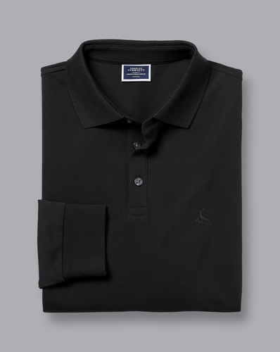 חולצת פולו שחורה שרוול ארוך - Black Solid Long Sleeve Plain Tyrwhitt Pique Polo