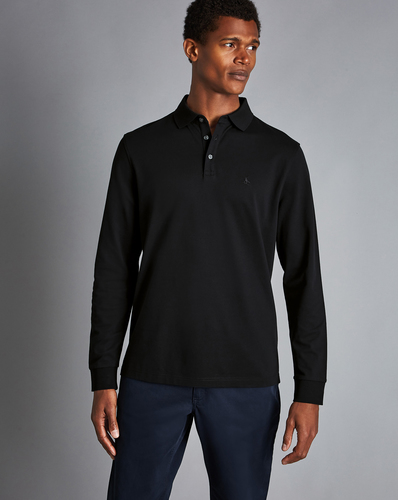 חולצת פולו שחורה שרוול ארוך - Black Solid Long Sleeve Plain Tyrwhitt Pique Polo