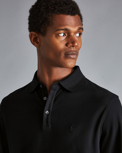 חולצת פולו שחורה שרוול ארוך - Black Solid Long Sleeve Plain Tyrwhitt Pique Polo