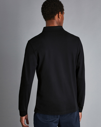 חולצת פולו שחורה שרוול ארוך - Black Solid Long Sleeve Plain Tyrwhitt Pique Polo