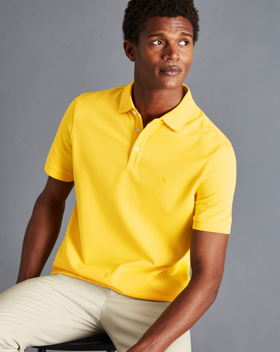 חולצת פולו צבע לימון - Lemon solid short sleeve cotton Tyrwhitt pique polo 