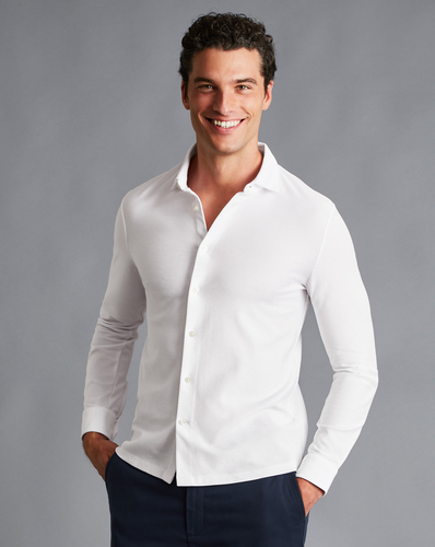 חולצת פולו לבנה טוויל שרוול ארוך - White Twill Long Sleeve Jersey Shirt
