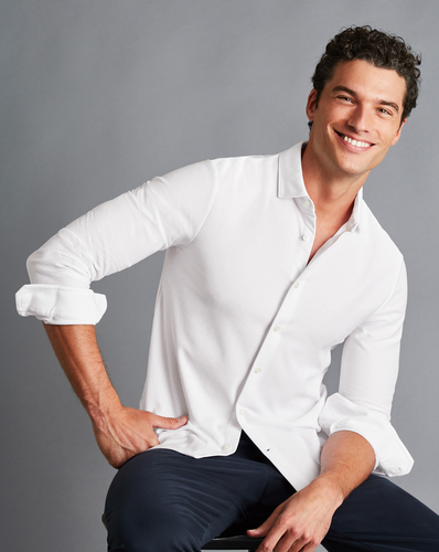 חולצת פולו לבנה טוויל שרוול ארוך - White Twill Long Sleeve Jersey Shirt