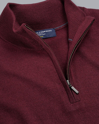 סוודר צמר רוכסן צבע יין Burgundy red pure merino zip neck jumper