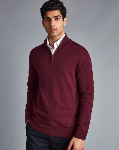 סוודר צמר רוכסן צבע יין Burgundy red pure merino zip neck jumper