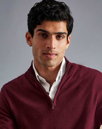 סוודר צמר רוכסן צבע יין Burgundy red pure merino zip neck jumper