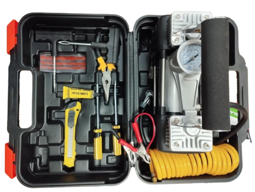 קומפרסור לרכב בוכנה כפולה 150 PSI  12V כולל כולל סט תיקון פנצר במזוודה קשיחה 27157 