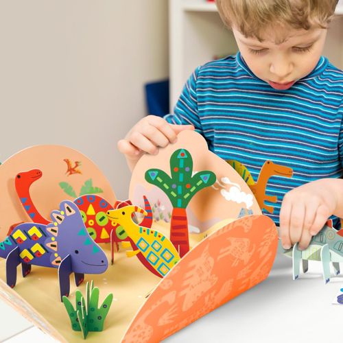ערכת יצירה 'הדבק ושחק' ליצירת 8 חיות תלת מימד ומעל 200 מדבקות רב פעמיות - דינוזאורים