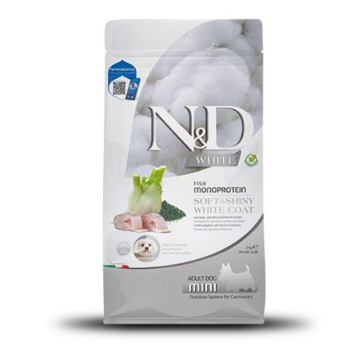 N&D מזון יבש לכלב בוגר עם פרווה לבנה - גזע קטן - מוסר ים,ספירולינה ושומר - שק 2 ק