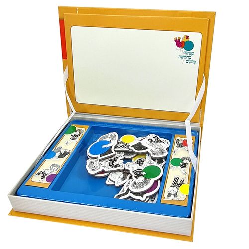 ערכה עם 15 מגנטים, 3 כרטיסיות וקופסה רב פעמית עם דופן מגנטית - מעשה בחמישה בלונים