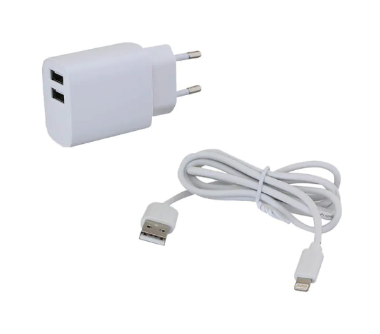 מטען קיר כפול USB 2.4A + כבל IPHONE- לבן