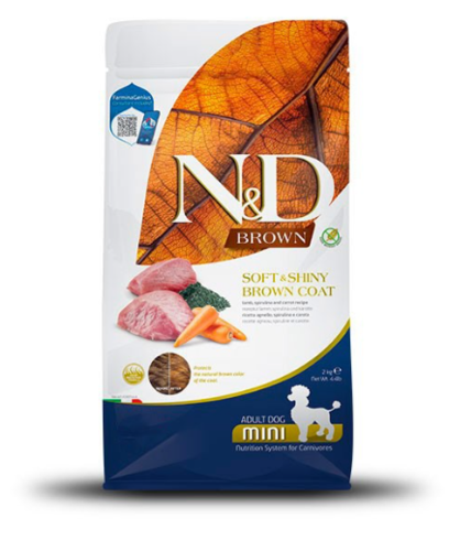 N&D מזון יבש לכלב בוגר עם פרווה חומה - גזע קטן - כבש,ספירולינה וגזר - שק 2 ק