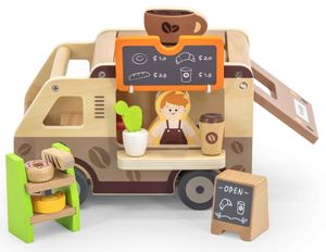 מכונית עגלת קפה מעץ עם שלל אביזרים ודמות