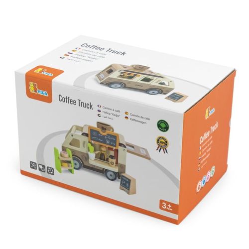 מכונית עגלת קפה מעץ עם שלל אביזרים ודמות