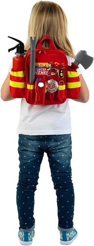 תיק גב לוחם אש לפעוט 6 אביזרים עם פנס מאיר ומטף משפריץ מים