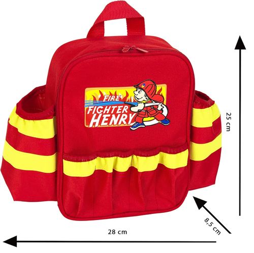 תיק גב לוחם אש לפעוט 6 אביזרים עם פנס מאיר ומטף משפריץ מים