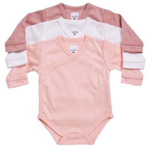 שלישיית בגדי גוף מעטפת פלנל עם שרוול ארוך 100% כותנה 0-3 - ורוד עתיק/אפרסק/קרם