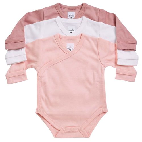 שלישיית בגדי גוף מעטפת פלנל עם שרוול ארוך 100% כותנה NB - ורוד עתיק/אפרסק/קרם