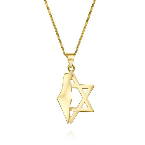 שרשרת ותליון חותם מגן דוד ומפת ארץ ישראל (27ממ) מזהב 14K