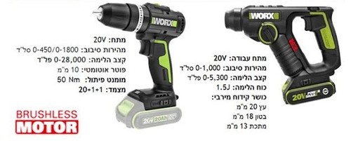 בנדל פטישון WU380S + מברגת מקדחה WE213 + סוללות 2 יחידות 20 וולט בארגז WU380/213 WORX
