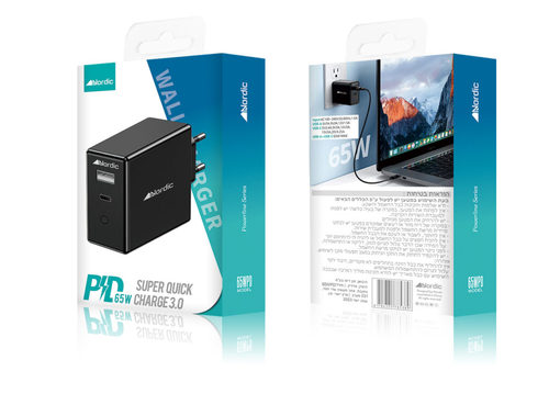 מטען קיר 65W נורדיק ללא כבל (PD + USB-A)