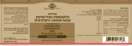 גלוקוזאמין כונדרואיטין | MSM | חומצה היאלורונית | מכיל 60 טבליות | סולגאר | Solgar
