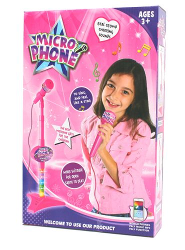 עמדת מיקרופון עם חיבור לנגן MP3 ואורות צבעוניים - ורוד