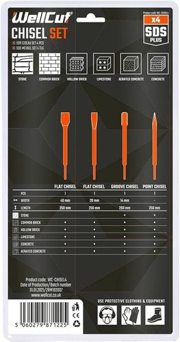סט 4 איזמלים מקצועי לפטישון WellCut WC-CHISEL4 Heavy Duty SDS