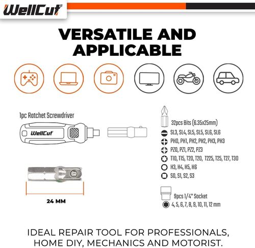 סט מברג ראצט עם 44 ביטים ובוקסות WELLCUT WC-RSD44