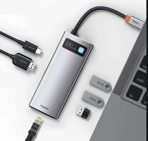 תחנת עגינה למחשב לאייפד מחשבים וטאבלטים  HDMI  BASEUS BAS 6-1 Type-C ממשק USB3.0 חיבור RJ45 וטעינת PD 
