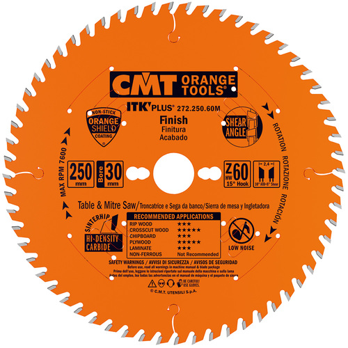 משור דק לחיתוך נקי בעץ ולוחות מצופים 250x2.4/1.6x30 Z=60 10° ATB+8° Shear